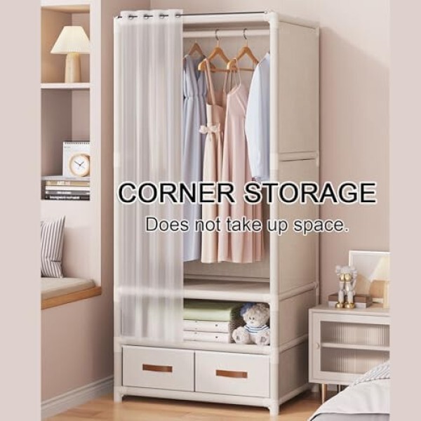 Double-row wardrobe shelves with individual black drawers for easy organization and space saving.